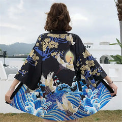 Kimono Crane and Samurai Japanese Style 3/4 Sleeve Black