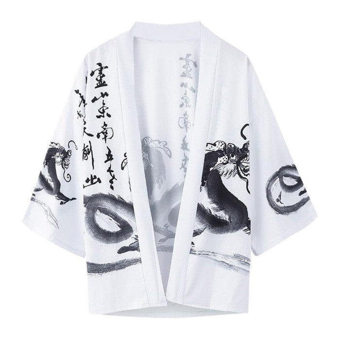 Dragon Kanji White Collection 3/4 Sleeve Kimono - KIMONO