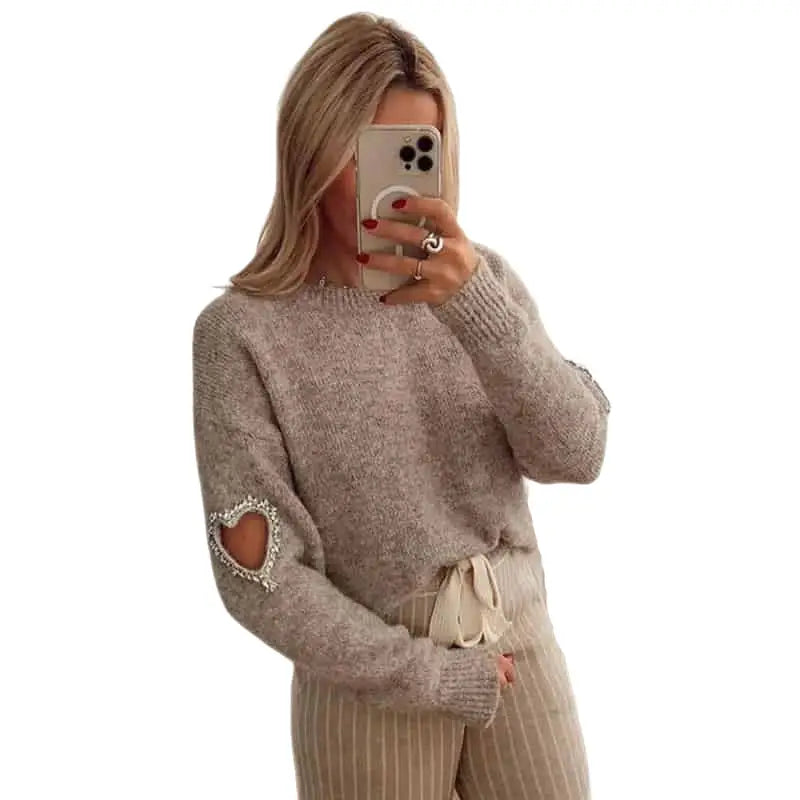 Knit Long Sleeve Heart O Neck Pullover Sweater Brown / S