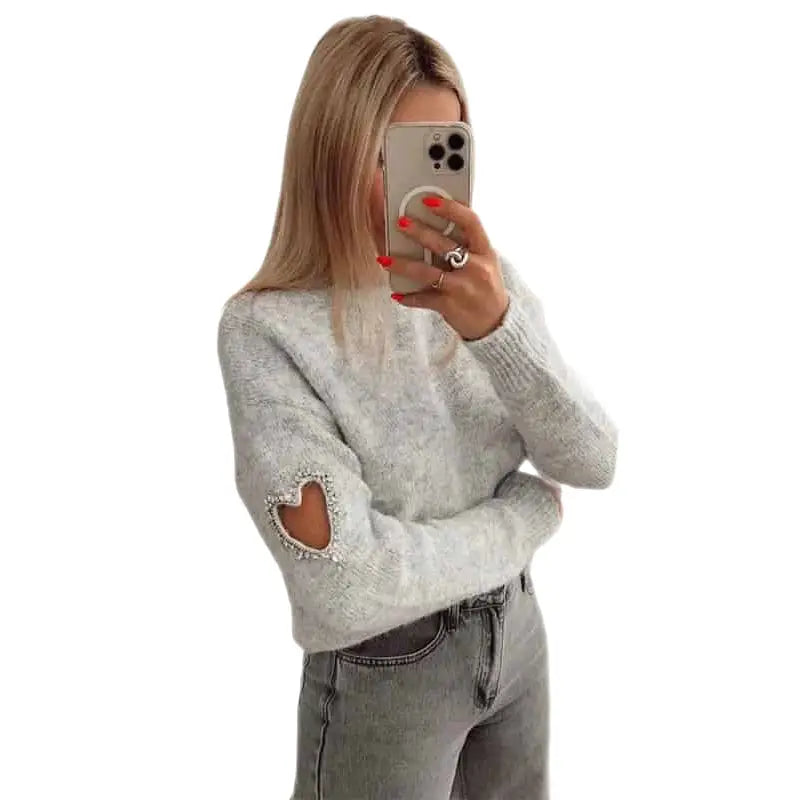 Knit Long Sleeve Heart O Neck Pullover Sweater Gray / S