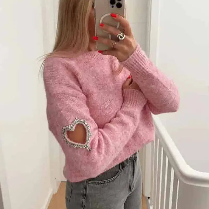 Knit Long Sleeve Heart O Neck Pullover Sweater Pink / S
