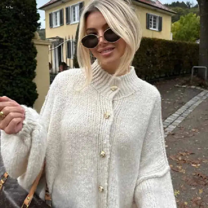 Knit Long Sleeve Pullover Button Sweater White Gold / S