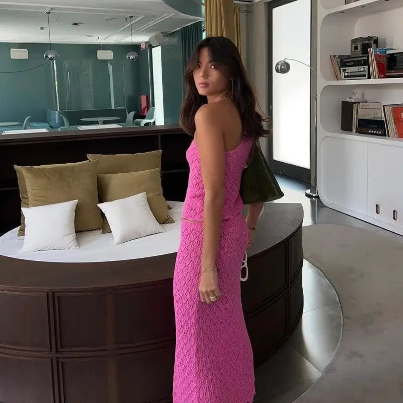 Knit One Shoulder Top and Slim Midi Skirts Set