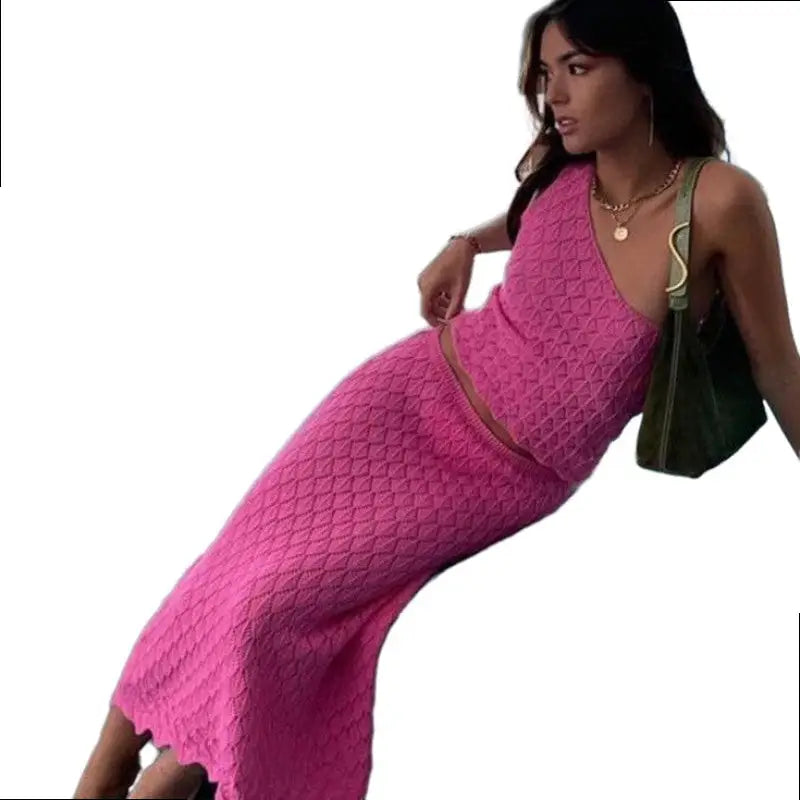 Knit One Shoulder Top and Slim Midi Skirts Set Pink / S