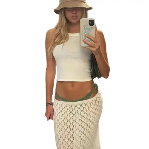 Knit One Shoulder Top and Slim Midi Skirts Set White / M