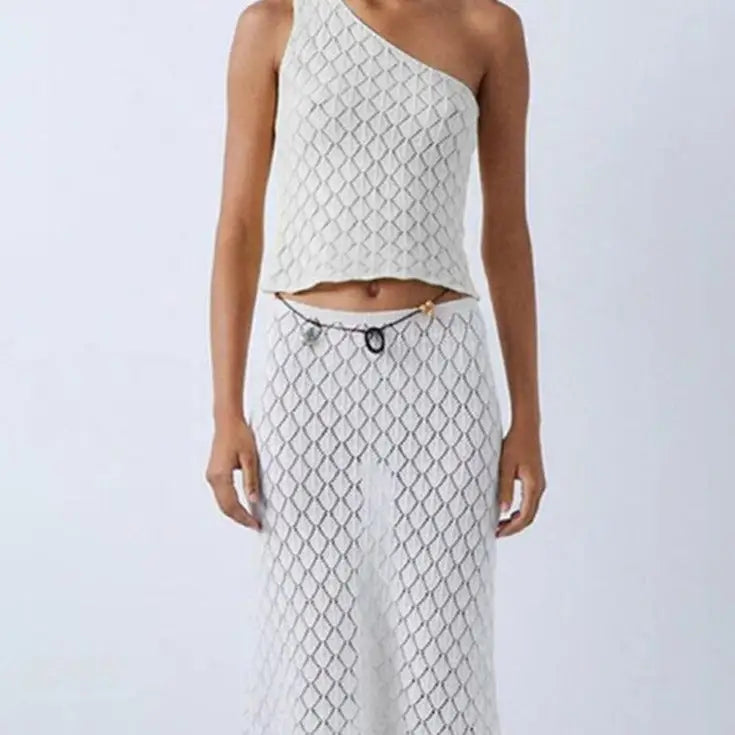 Knit One Shoulder Tops and Slim Midi Skirts Set - Dress