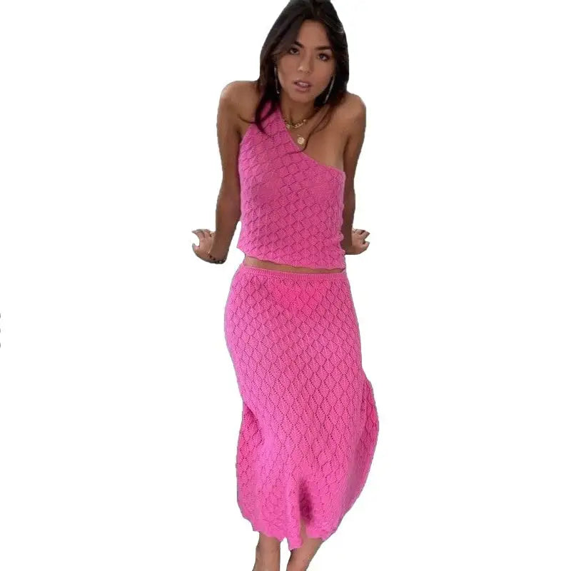 Knit One Shoulder Tops and Slim Midi Skirts Set - Dress