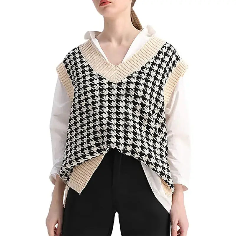 Knit Oversized Sweater Vest for Layering Beige Black / S