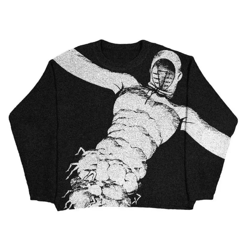 Knitted Abstract Portrait Printed Pullover Sweater - Black