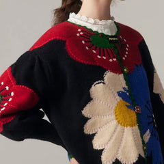 Knitted Black Cardigan with Floral Embroidery One Size