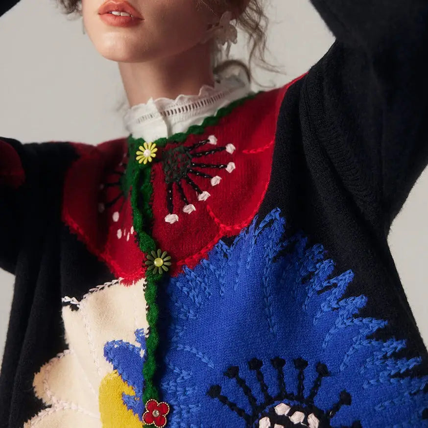 Knitted Black Cardigan with Floral Embroidery One Size