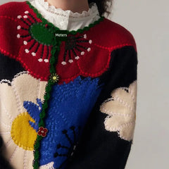 Knitted Black Cardigan with Floral Embroidery One Size