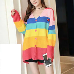 Knitted Cardigan with Aesthetic Rainbow Stripes stripes