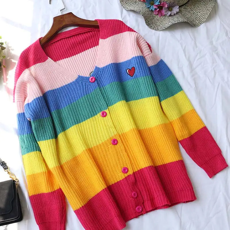 Knitted Cardigan with Aesthetic Rainbow Stripes stripes