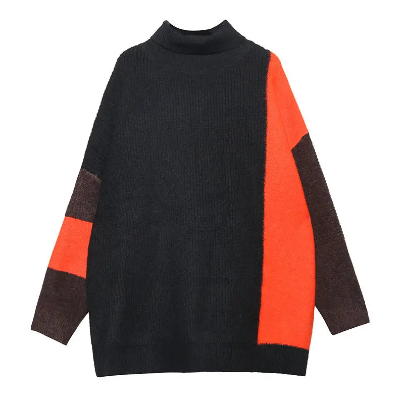Knitted Contrast Color High Collar Oversize Sweater