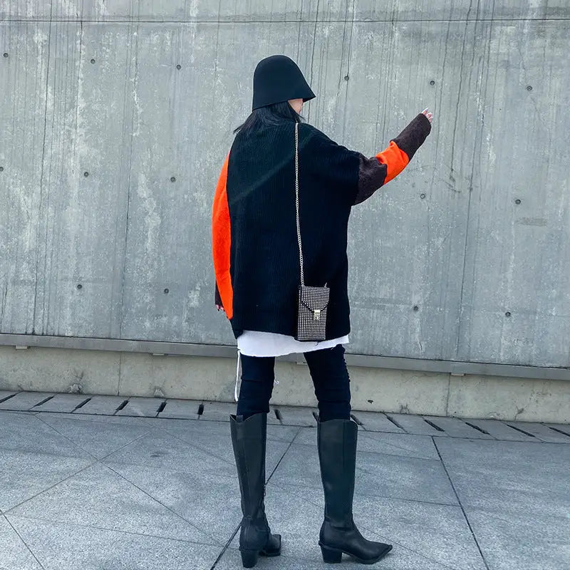 Knitted Contrast Color High Collar Oversize Sweater