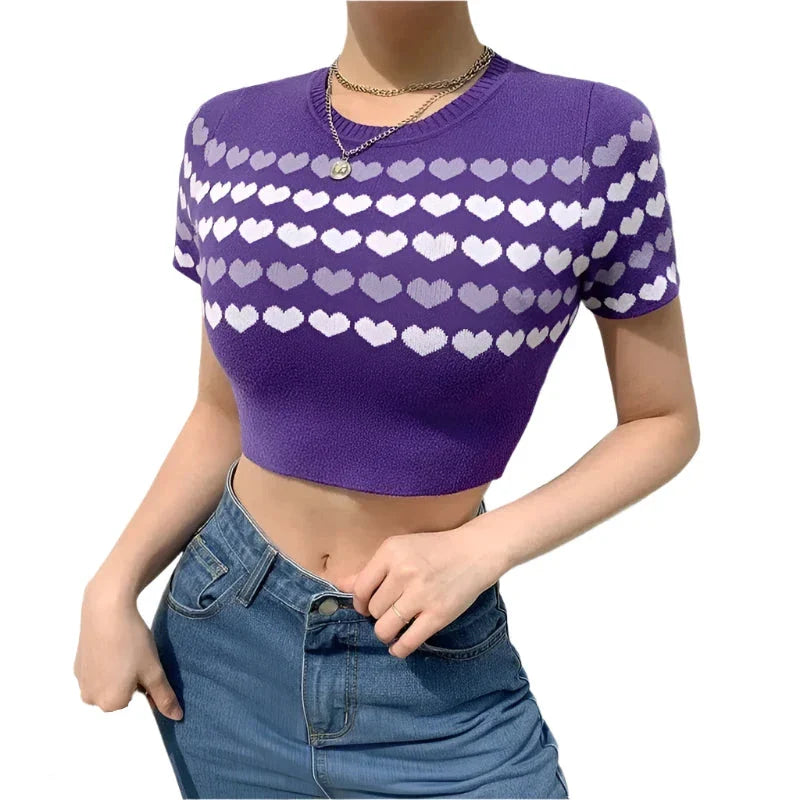 Knitted Crop Top with Kawaii Heart Print