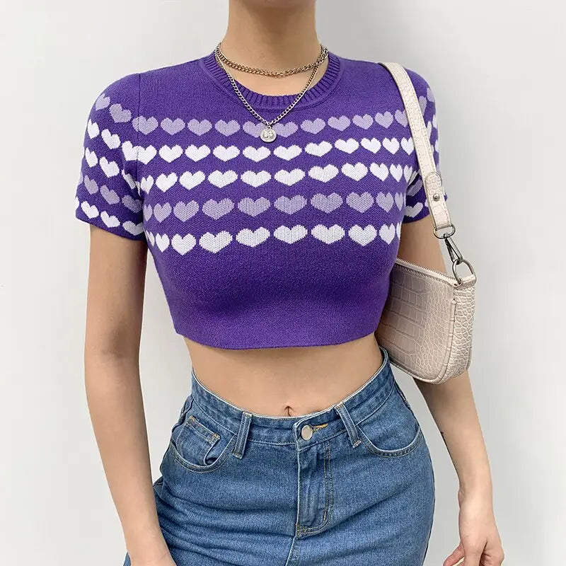 Knitted Crop Top With Kawaii Heart Print