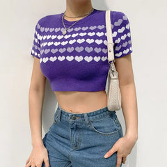 Knitted Crop Top With Kawaii Heart Print