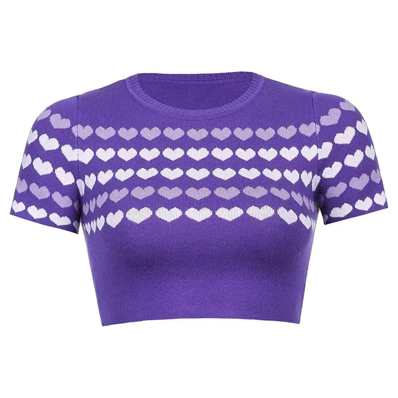 Knitted Crop Top With Kawaii Heart Print - Purple / S