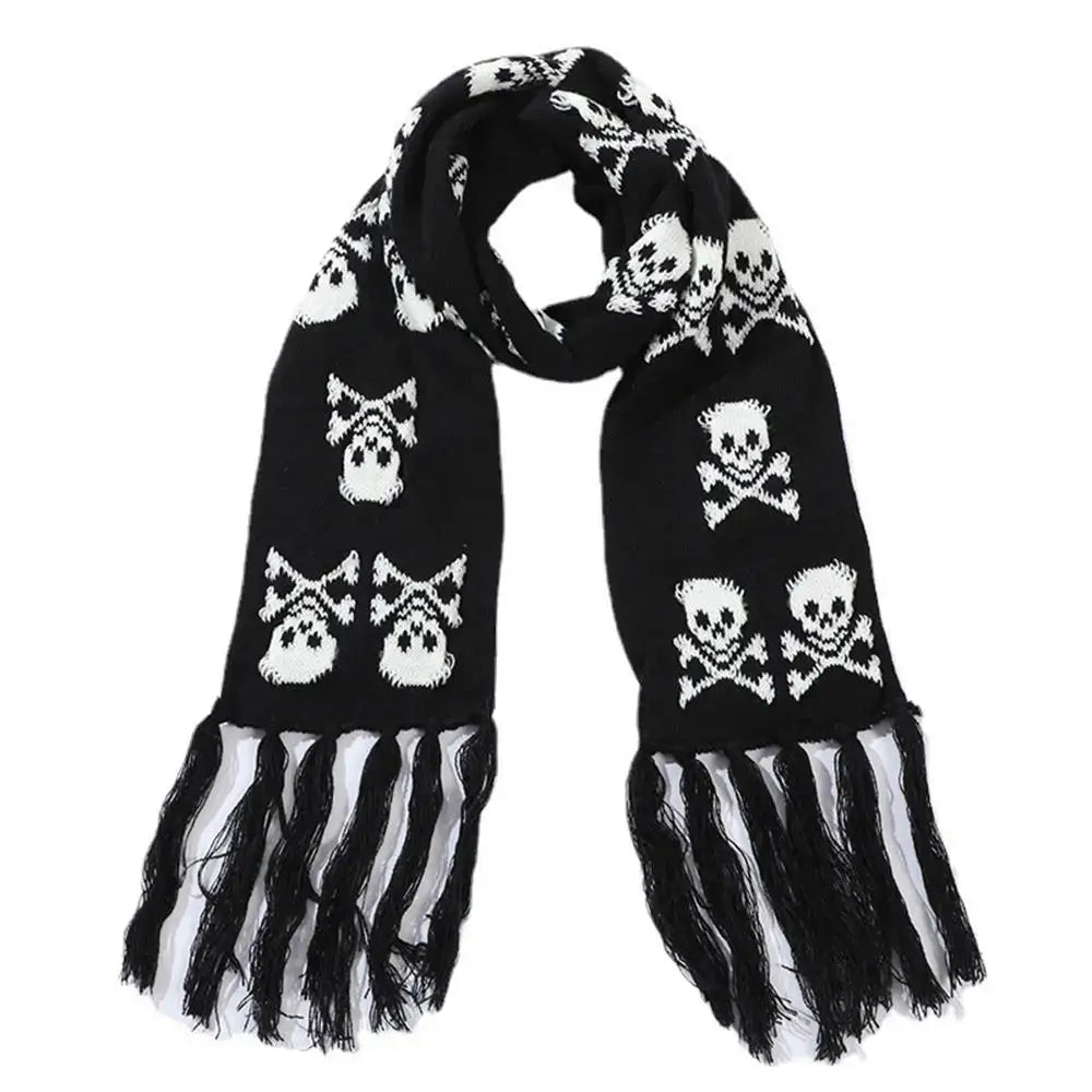Knitted Fringes Wrap Scarf with Skull Detail 2 Skulls