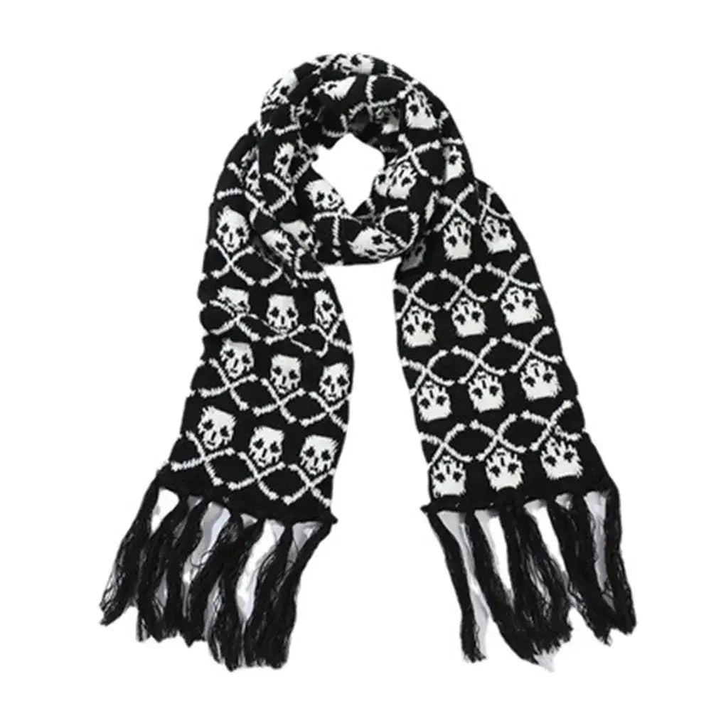 Knitted Fringes Wrap Scarf with Skull Detail 3 Skulls