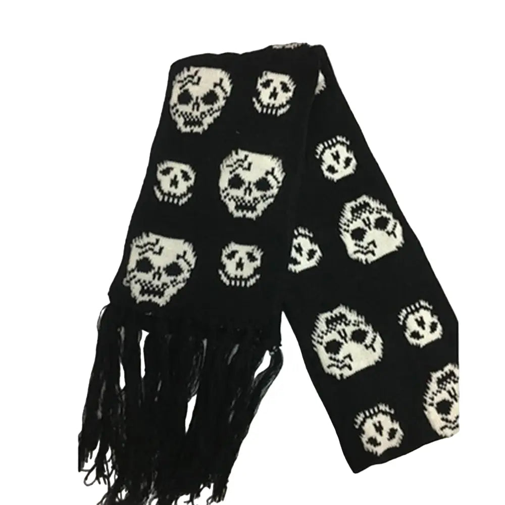 Knitted Fringes Wrap Scarf with Skull Detail Big Skulls