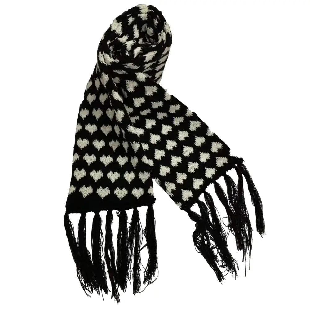 Knitted Fringes Wrap Scarf with Skull Detail Hearts