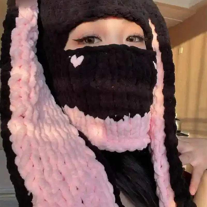 Knitted Gothic Beanie Hat with Long Bunny Ears