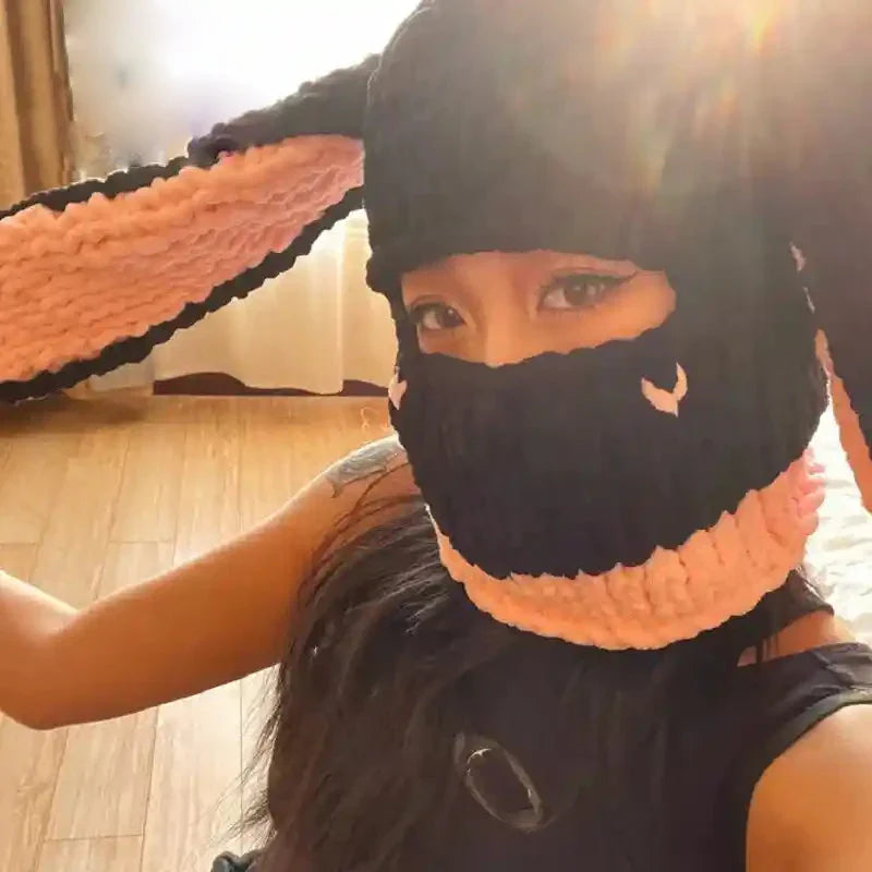 Knitted Gothic Beanie Hat with Long Bunny Ears