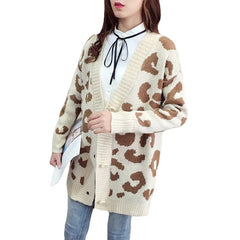 Knitted Leopard V Neck Loose Button Cardigan - Beige / One
