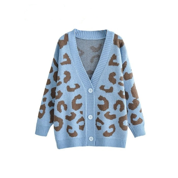 Knitted Leopard V Neck Loose Button Cardigan - Sweaters