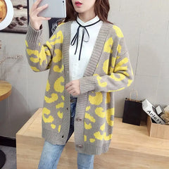 Knitted Leopard V Neck Loose Button Cardigan