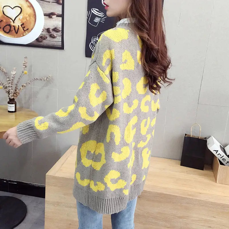 Knitted Leopard V Neck Loose Button Cardigan