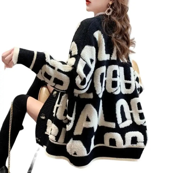 Knitted Letter Cardigan Sweater Coat with inches sleeve
