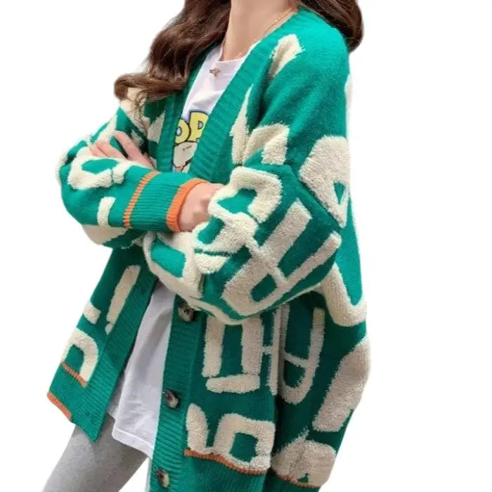 Knitted Letter Cardigan Sweater Coat with inches sleeve