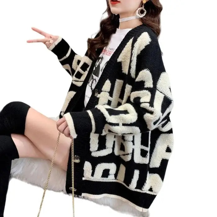 Knitted Letter Cardigan Sweater Coat with inches sleeve