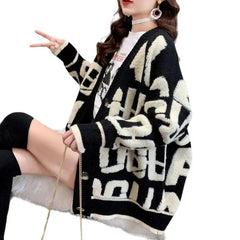 Knitted Letter Cardigan Sweater Coat with inches sleeve