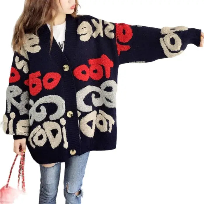 Knitted Letter Cardigan Sweater Coat with inches sleeve