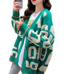 Knitted Letter Cardigan Sweater Coat with inches sleeve
