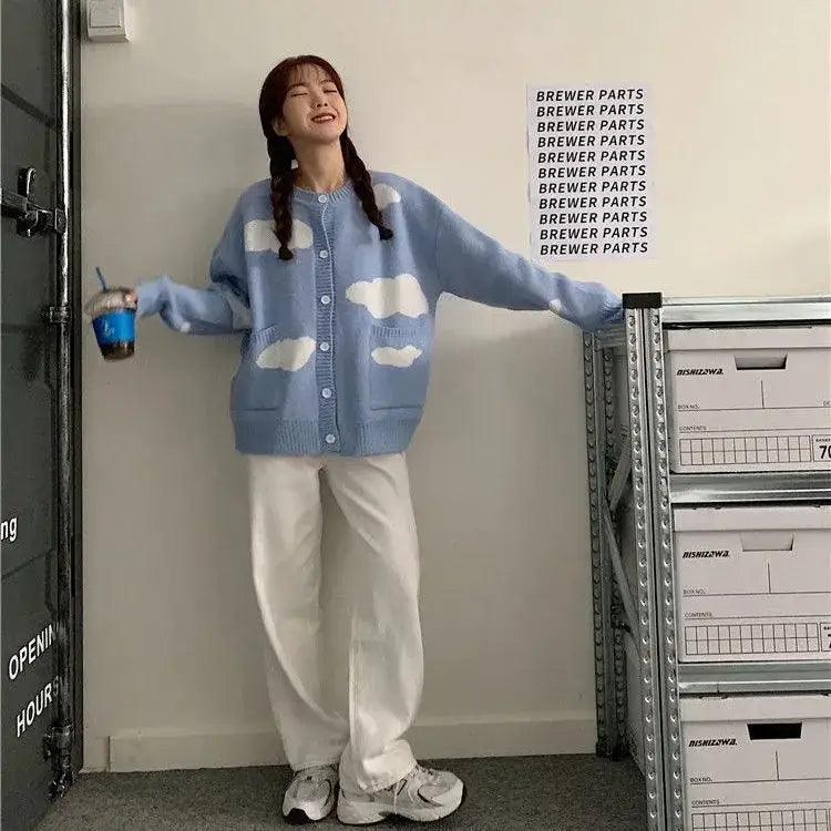 Knitted Long Sleeve Oversized O Neck Cardigan Blue