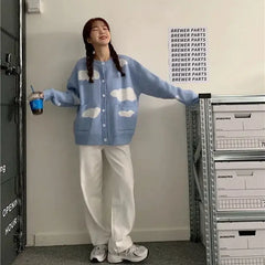 Knitted Long Sleeve Oversized O Neck Cardigan Blue