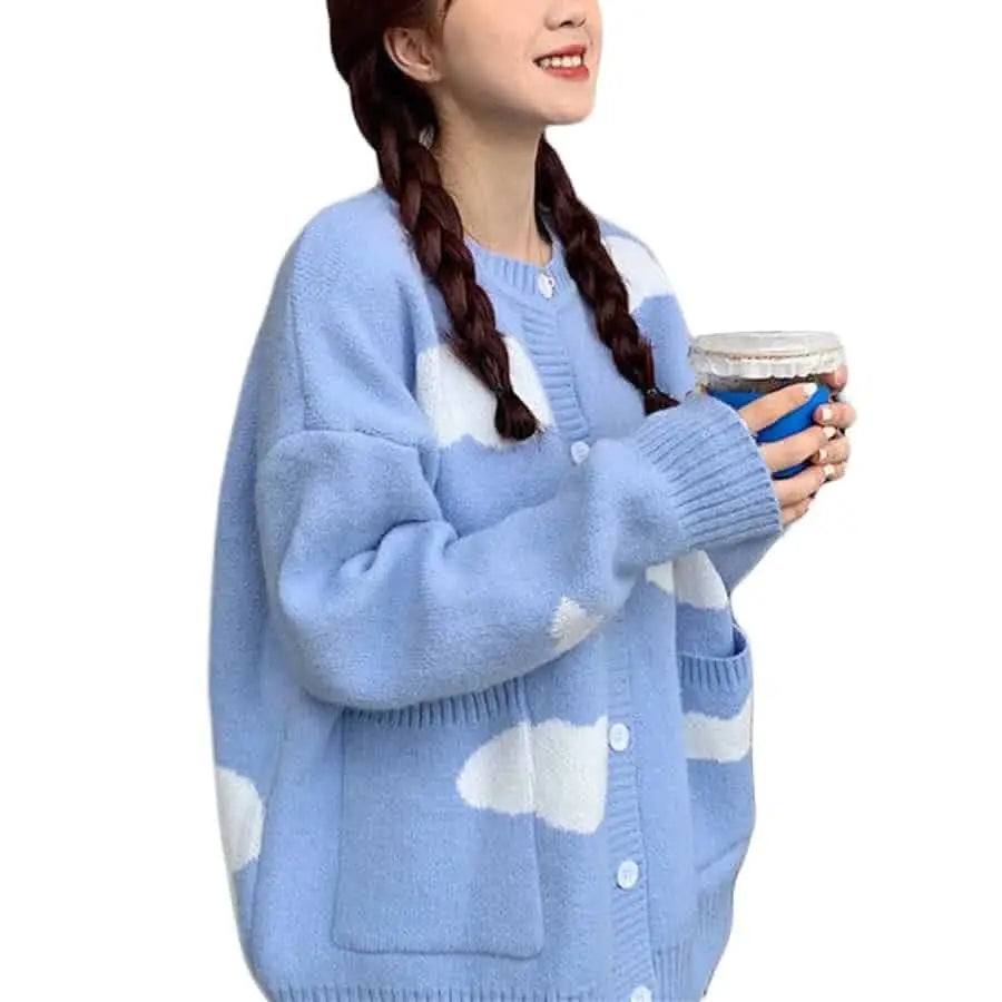 Knitted Long Sleeve Oversized O Neck Cardigan Blue