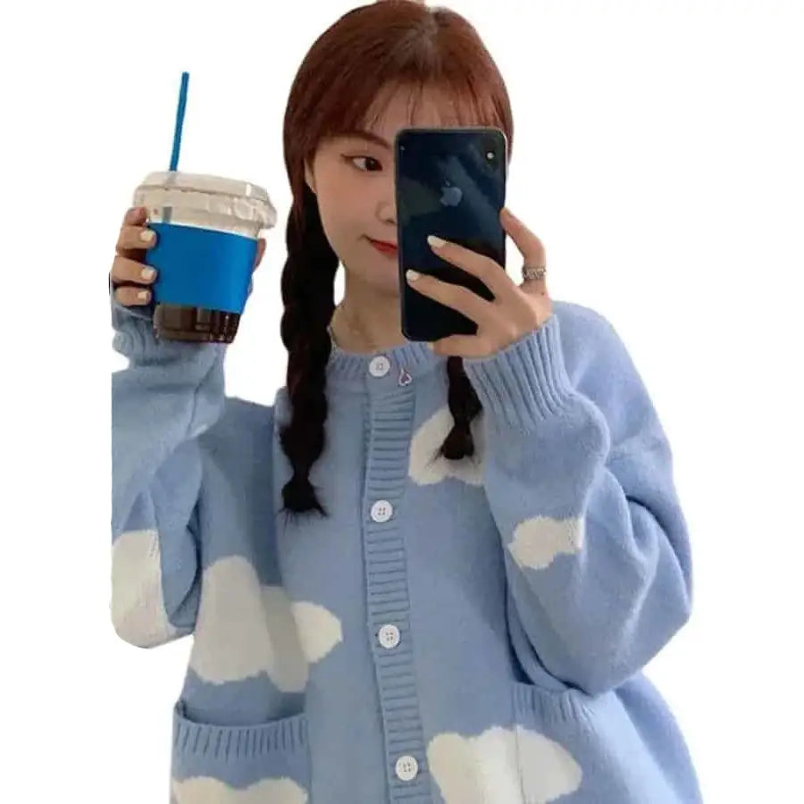 Knitted Long Sleeve Oversized O Neck Cardigan Blue