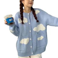 Knitted Long Sleeve Oversized O Neck Cardigan Blue
