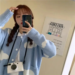 Knitted Long Sleeve Oversized O Neck Cardigan Blue