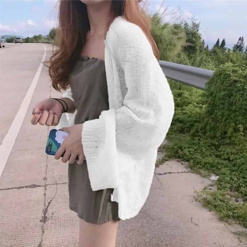 Knitted Loose Open Stitch Cardigan White / One Size