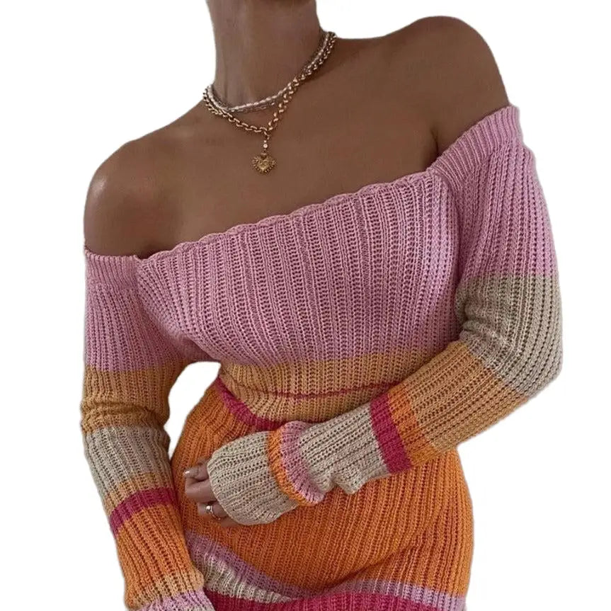 Knitted Off Shoulder Long Sleeve Maxi Dress