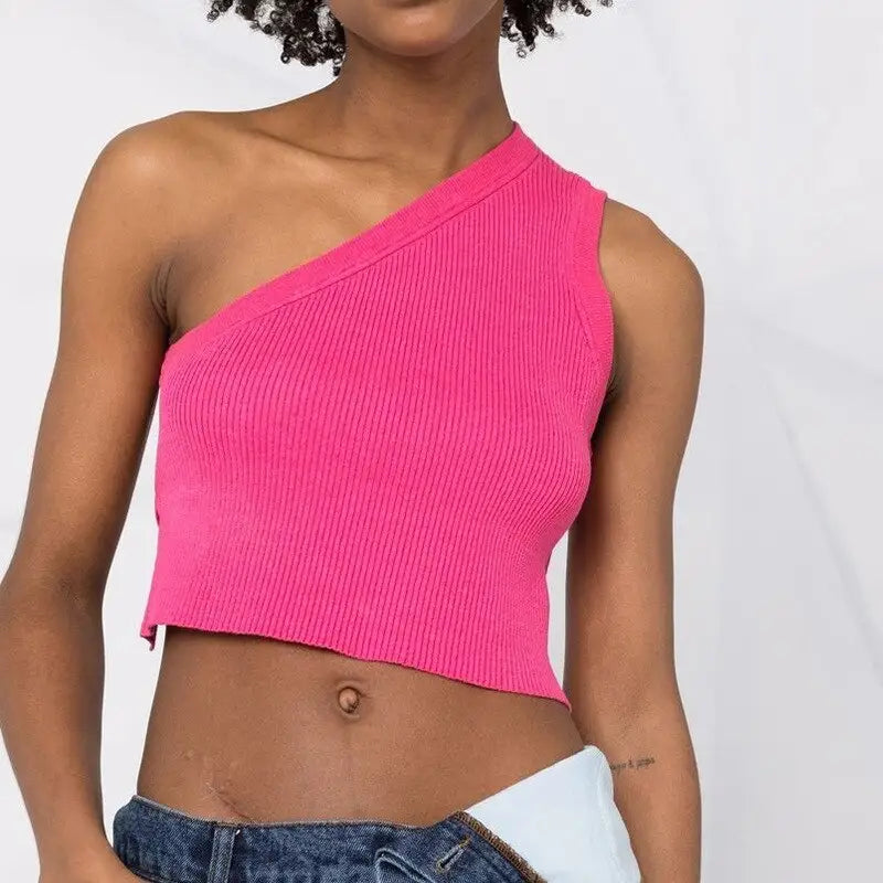 Knitted One Shoulder Backless Crop-Top - Pink / S - crop top
