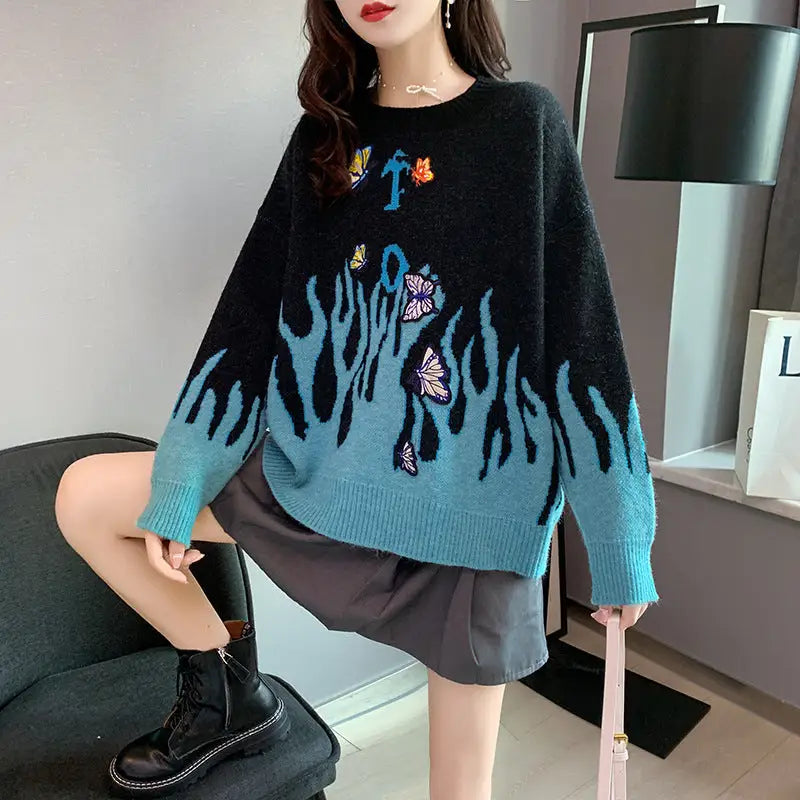 Knitted Oversize Sweater Butterflies Embroidered Flame